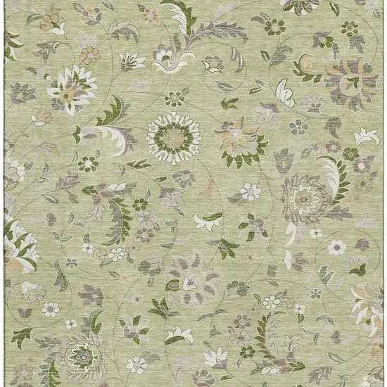 Artichoke Green Taupe And Ivory Floral Washable Area Rug With UV Protection Photo 3