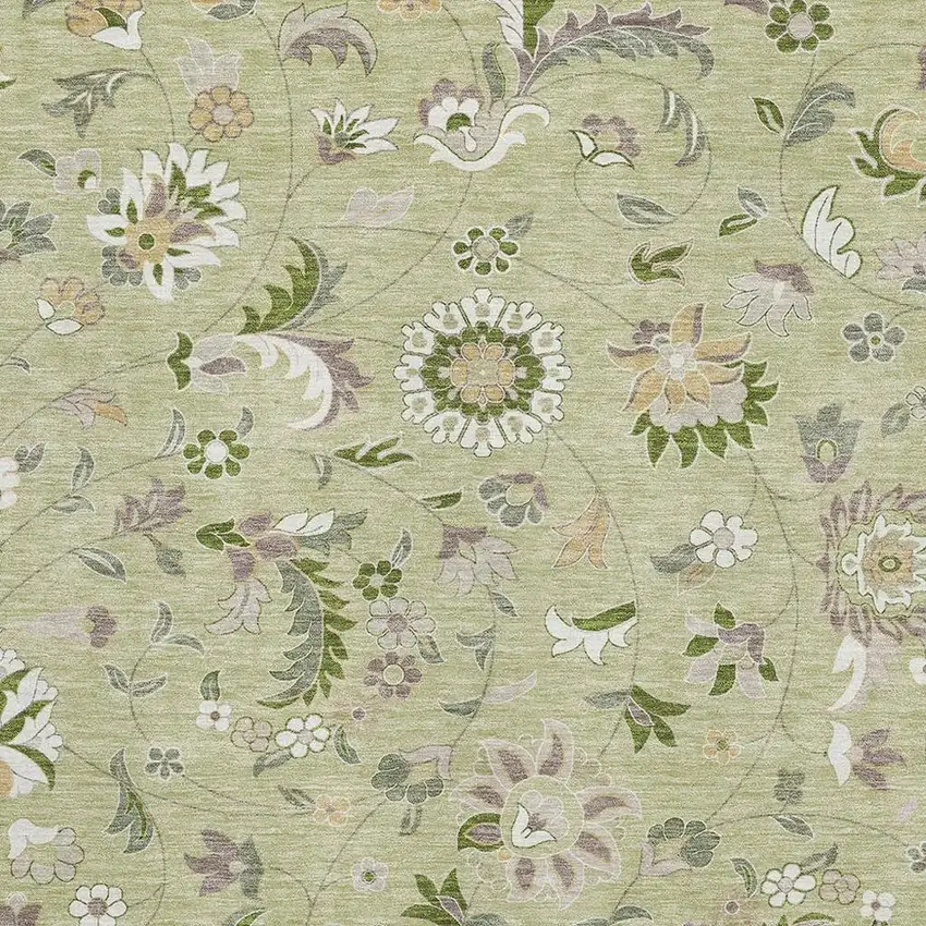 Artichoke Green Taupe And Ivory Floral Washable Area Rug With UV Protection Photo 2