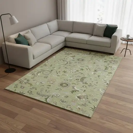Artichoke Green Taupe And Ivory Floral Washable Area Rug With UV Protection Photo 2