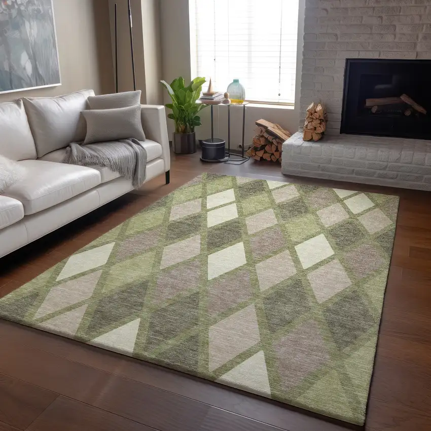 Artichoke Green Taupe And Ivory Geometric Washable Area Rug With UV Protection Photo 6