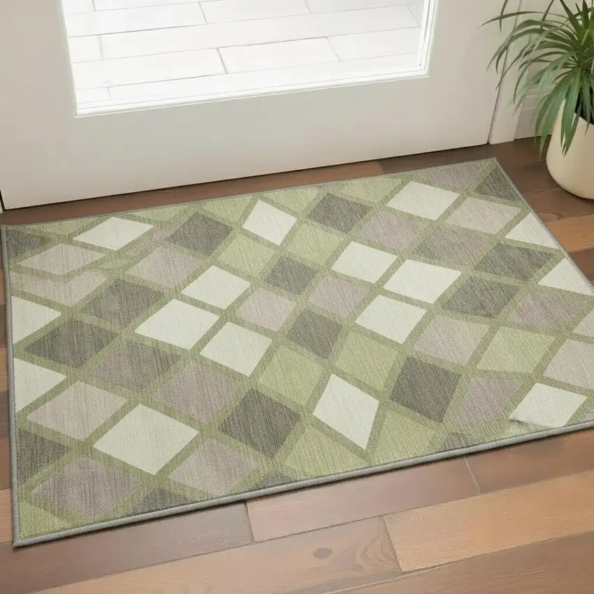 Artichoke Green Taupe And Ivory Geometric Washable Area Rug With UV Protection Photo 2