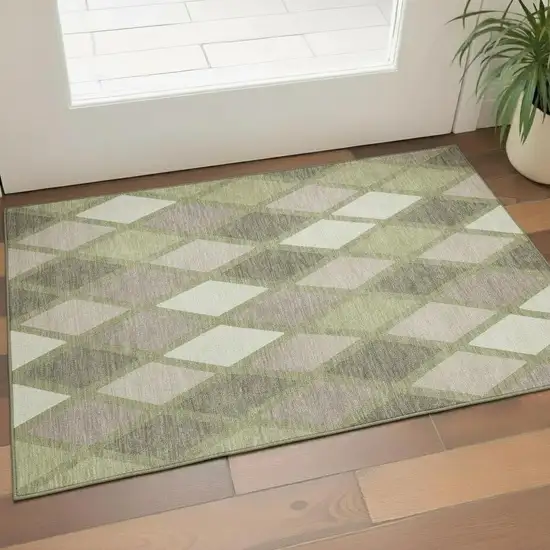 Artichoke Green Taupe And Ivory Geometric Washable Area Rug With UV Protection Photo 1
