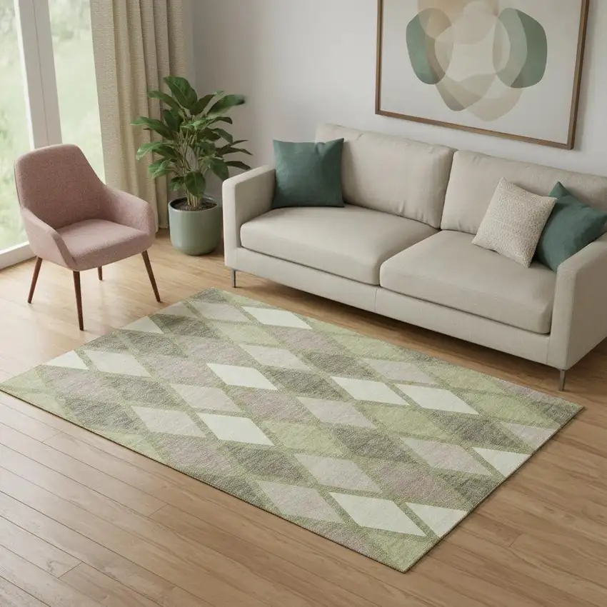 Artichoke Green Taupe And Ivory Geometric Washable Area Rug With UV Protection Photo 1