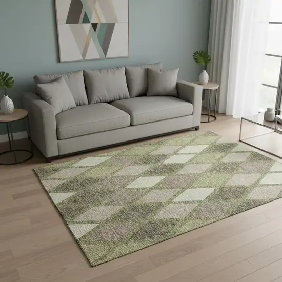 Artichoke Green Taupe And Ivory Geometric Washable Area Rug With UV Protection Photo 2
