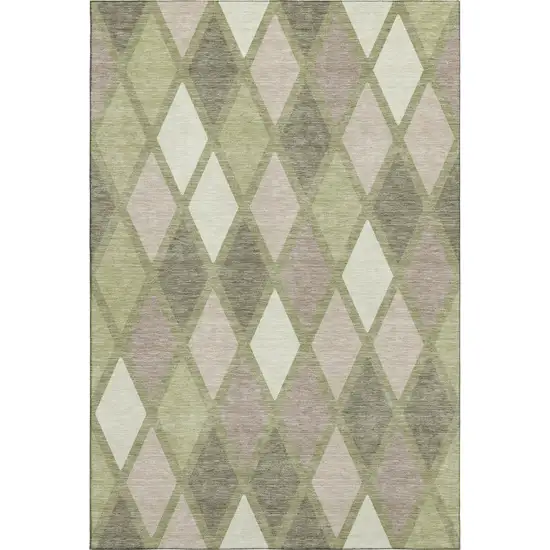 Artichoke Green Taupe And Ivory Geometric Washable Area Rug With UV Protection Photo 1
