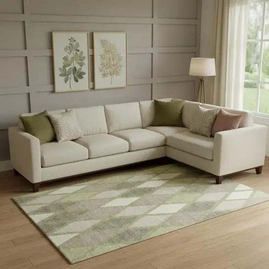 Artichoke Green Taupe And Ivory Geometric Washable Area Rug With UV Protection Photo 1