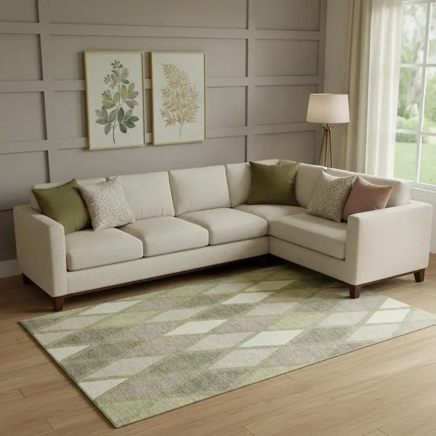 Artichoke Green Taupe And Ivory Geometric Washable Area Rug With UV Protection Photo 1