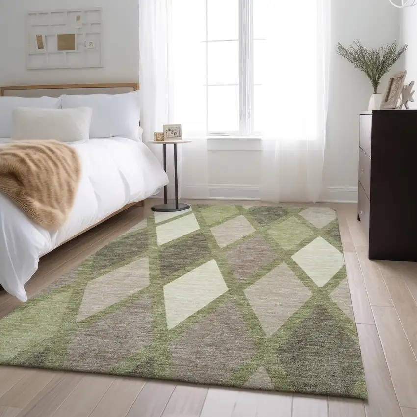 Artichoke Green Taupe And Ivory Geometric Washable Area Rug With UV Protection Photo 5