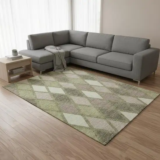 Artichoke Green Taupe And Ivory Geometric Washable Area Rug With UV Protection Photo 2