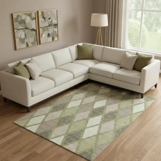 Artichoke Green Taupe And Ivory Geometric Washable Area Rug With UV Protection Photo 1