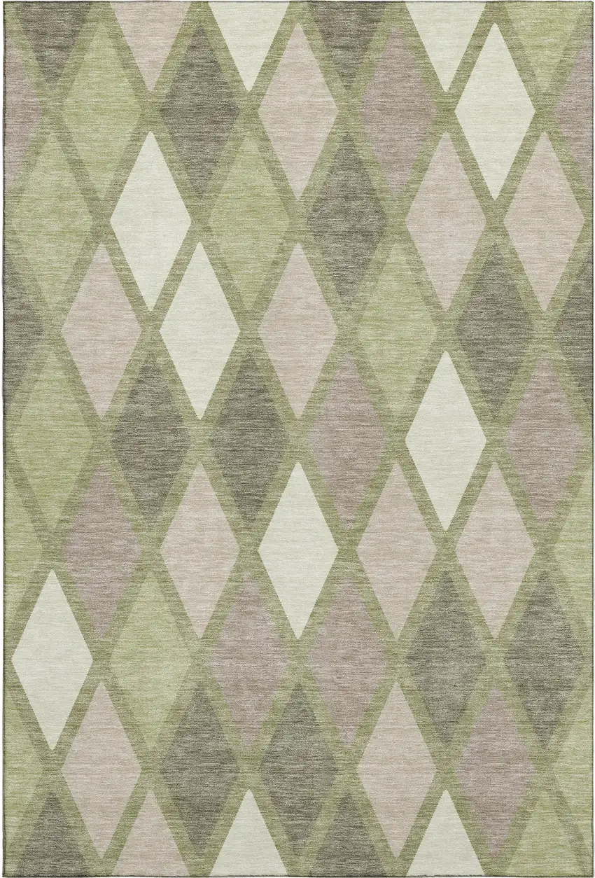 Artichoke Green Taupe And Ivory Geometric Washable Area Rug With UV Protection Photo 1