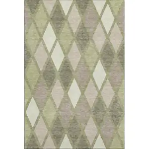 Photo of Artichoke Green Taupe And Ivory Geometric Washable Area Rug With UV Protection