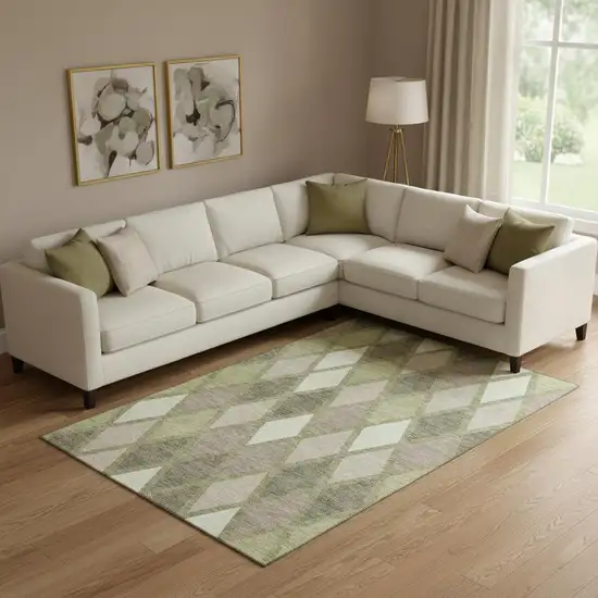 Artichoke Green Taupe And Ivory Geometric Washable Area Rug With UV Protection Photo 1