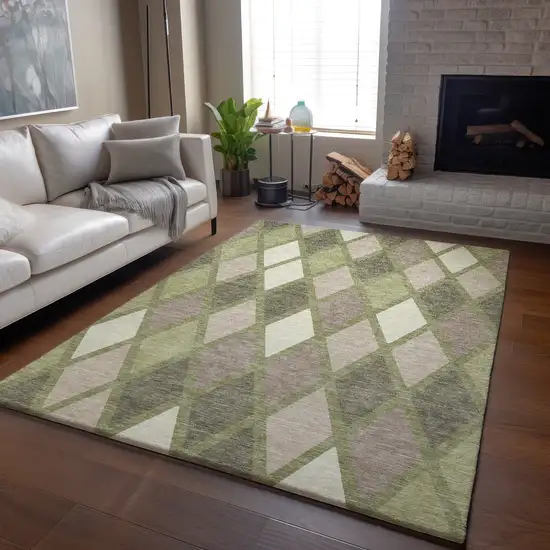 Artichoke Green Taupe And Ivory Geometric Washable Area Rug With UV Protection Photo 6