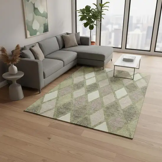 Artichoke Green Taupe And Ivory Geometric Washable Area Rug With UV Protection Photo 2