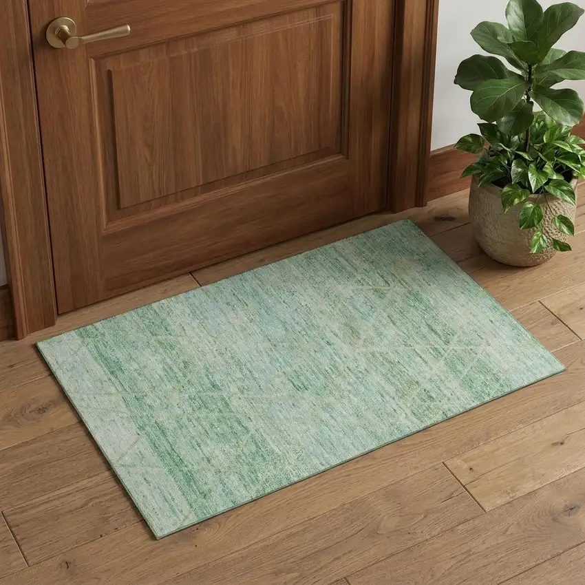 Artichoke Green Teal And Ivory Abstract Geometric Washable Area Rug With UV Protection Photo 1