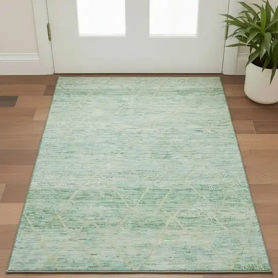 Artichoke Green Teal And Ivory Abstract Geometric Washable Area Rug With UV Protection Photo 2