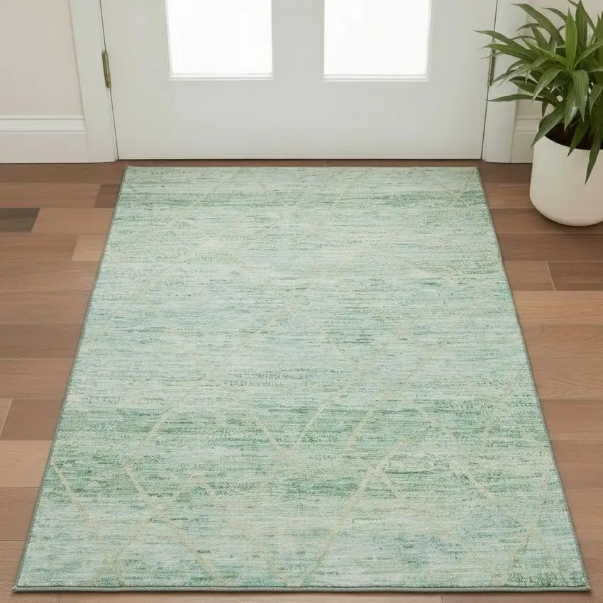 Artichoke Green Teal And Ivory Abstract Geometric Washable Area Rug With UV Protection Photo 2