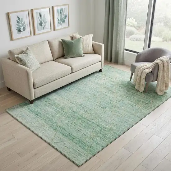 Artichoke Green Teal And Ivory Abstract Geometric Washable Area Rug With UV Protection Photo 1