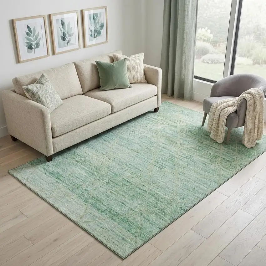 Artichoke Green Teal And Ivory Abstract Geometric Washable Area Rug With UV Protection Photo 1