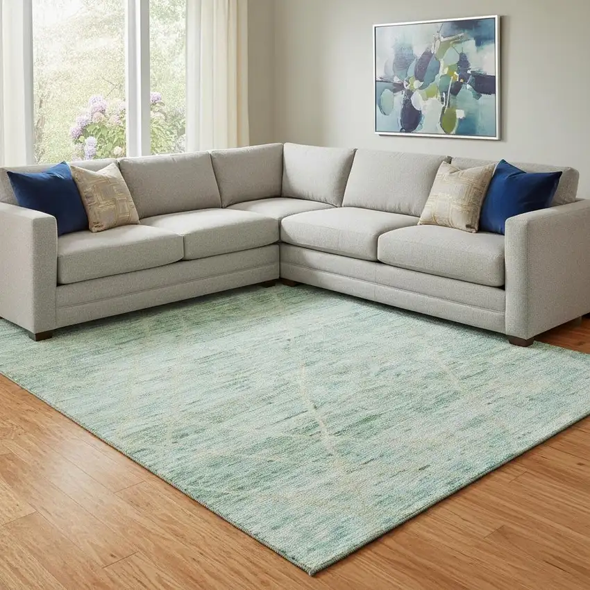 Artichoke Green Teal And Ivory Abstract Geometric Washable Area Rug With UV Protection Photo 2