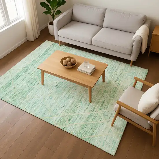 Artichoke Green Teal And Ivory Abstract Geometric Washable Area Rug With UV Protection Photo 5
