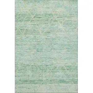 Photo of Artichoke Green Teal And Ivory Abstract Geometric Washable Area Rug With UV Protection