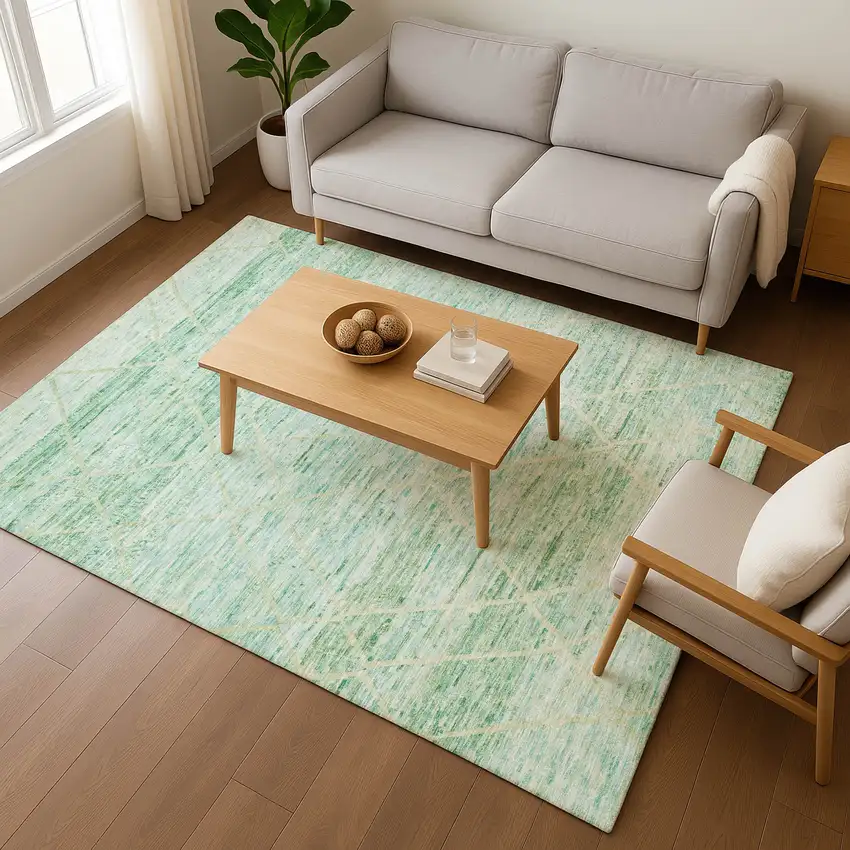 Artichoke Green Teal And Ivory Abstract Geometric Washable Area Rug With UV Protection Photo 5