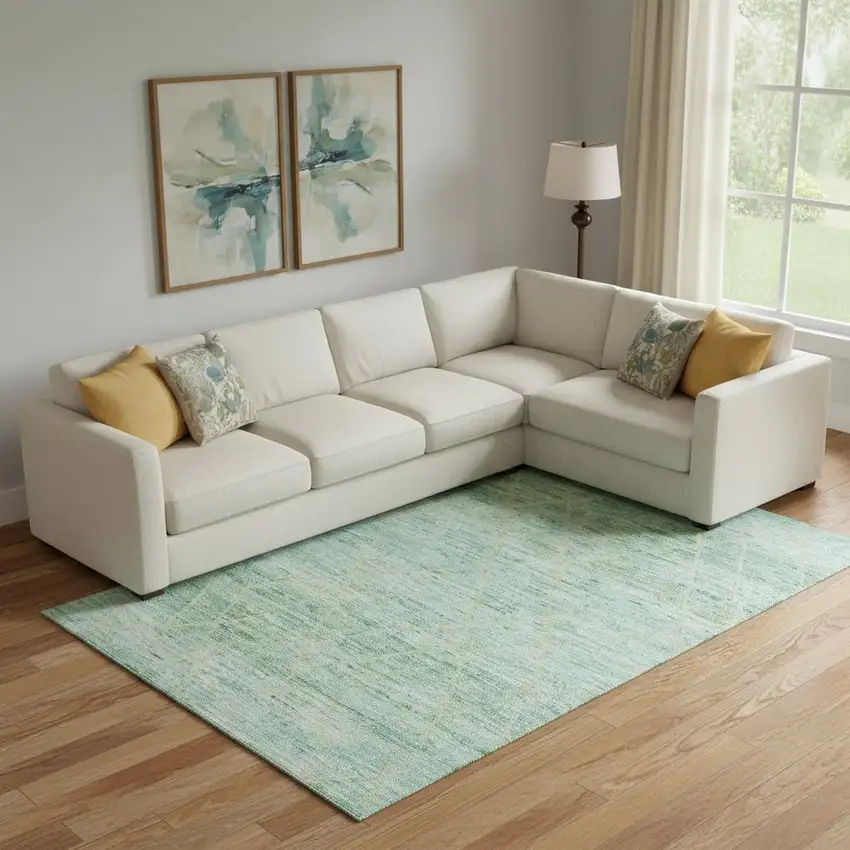 Artichoke Green Teal And Ivory Abstract Geometric Washable Area Rug With UV Protection Photo 2