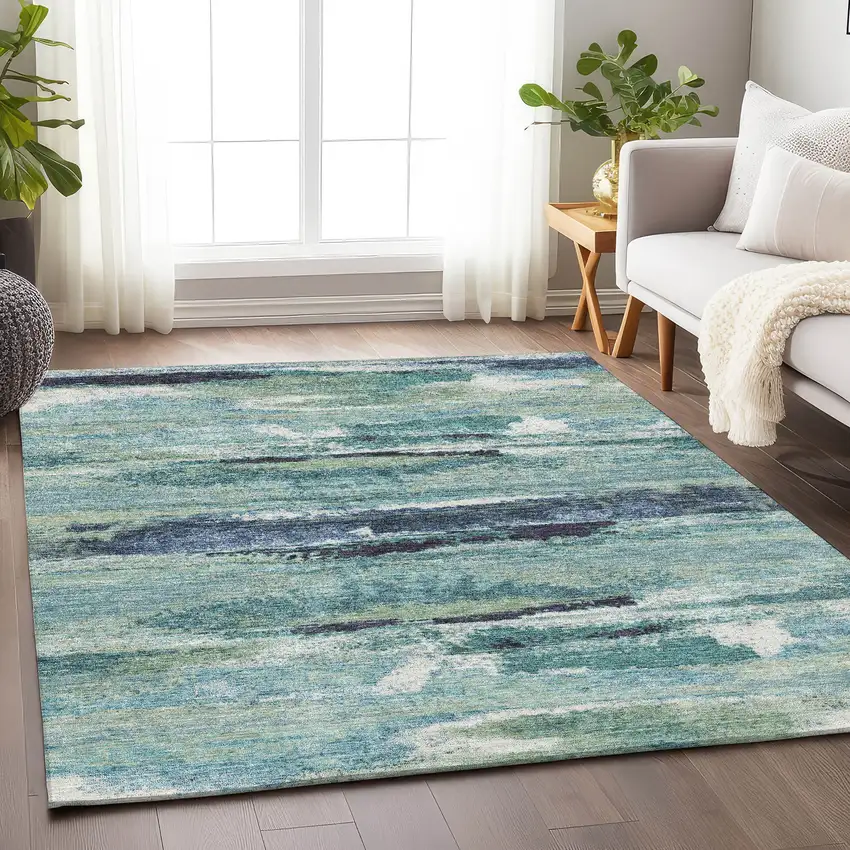Artichoke Green Teal And Ivory Abstract Washable Area Rug With UV Protection Photo 4