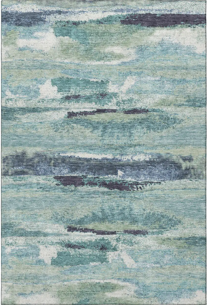 Artichoke Green Teal And Ivory Abstract Washable Area Rug With UV Protection Photo 3