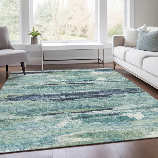 Artichoke Green Teal And Ivory Abstract Washable Area Rug With UV Protection Photo 5