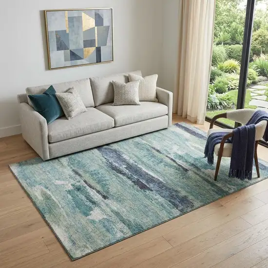 Artichoke Green Teal And Ivory Abstract Washable Area Rug With UV Protection Photo 1