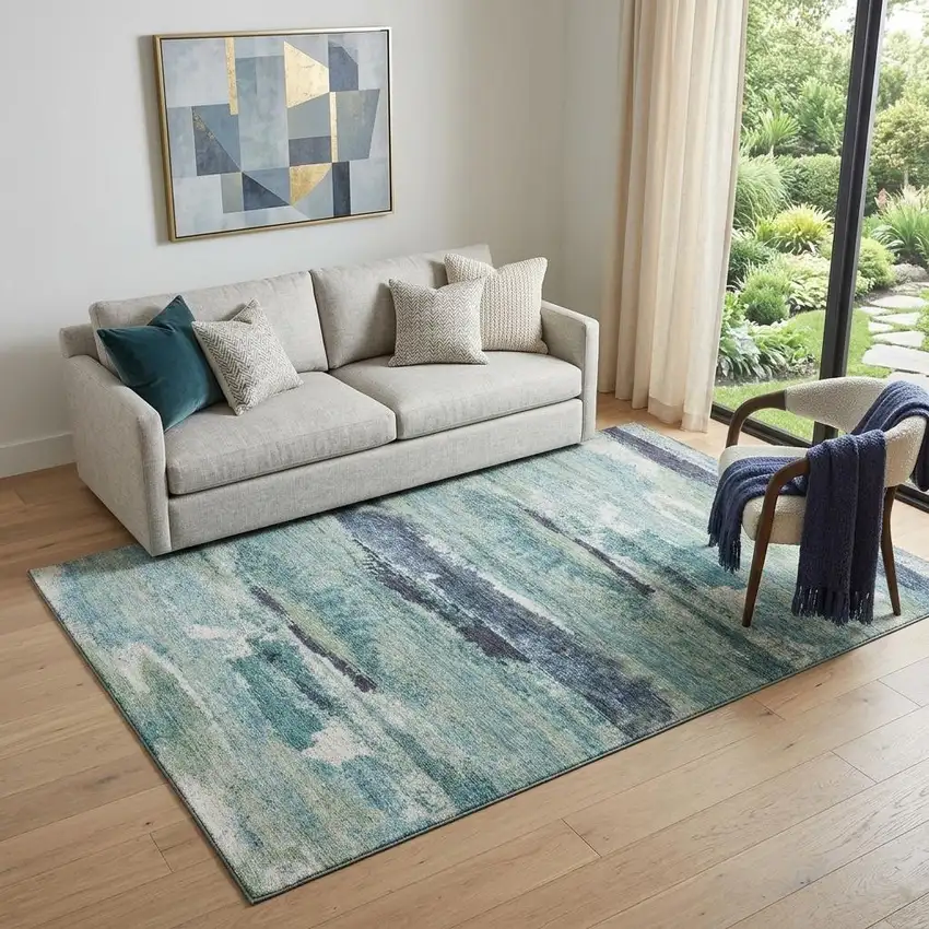 Artichoke Green Teal And Ivory Abstract Washable Area Rug With UV Protection Photo 1