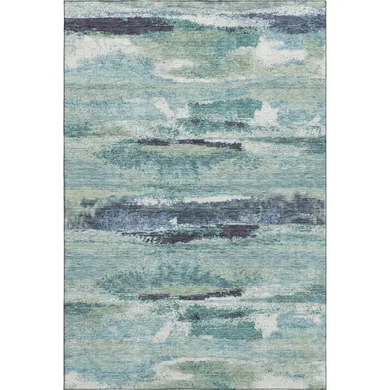 Artichoke Green Teal And Ivory Abstract Washable Area Rug With UV Protection Photo 1