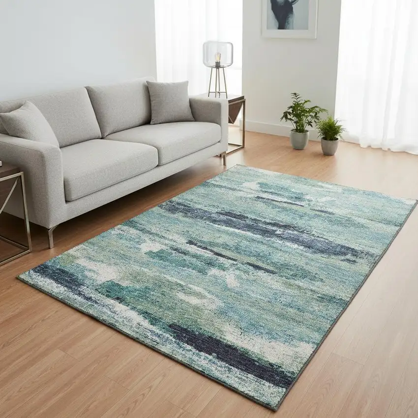 Artichoke Green Teal And Ivory Abstract Washable Area Rug With UV Protection Photo 2