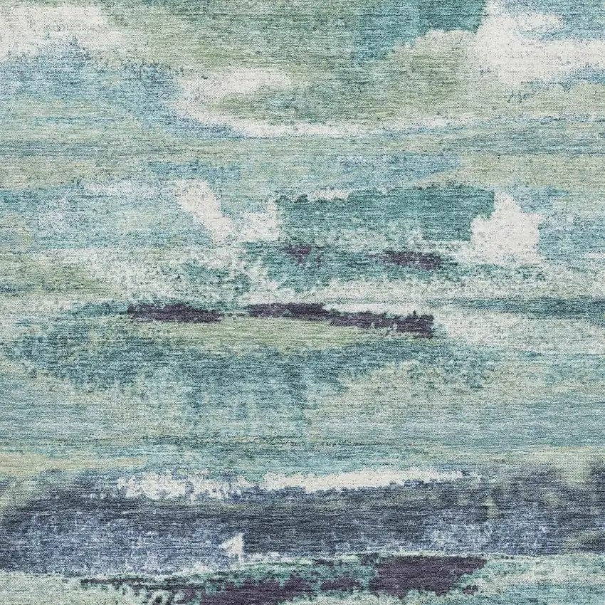 Artichoke Green Teal And Ivory Abstract Washable Area Rug With UV Protection Photo 2