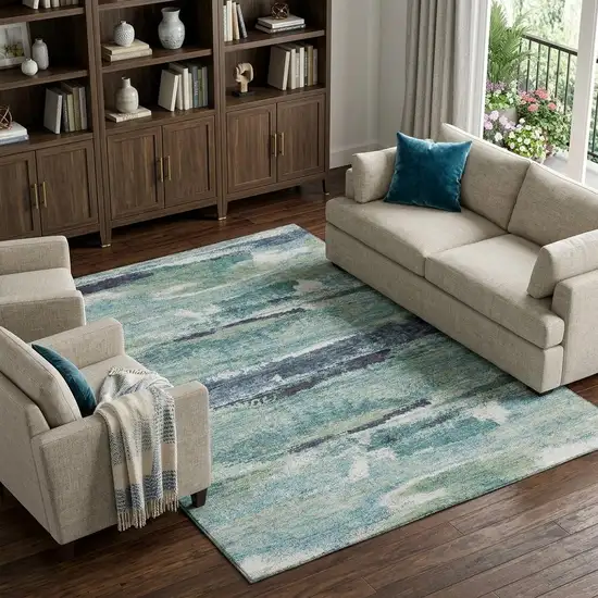 Artichoke Green Teal And Ivory Abstract Washable Area Rug With UV Protection Photo 1