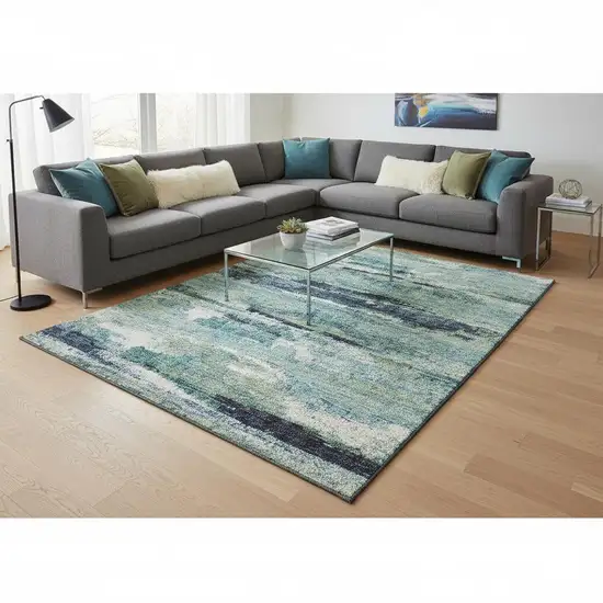 Artichoke Green Teal And Ivory Abstract Washable Area Rug With UV Protection Photo 2