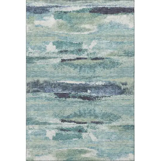 Artichoke Green Teal And Ivory Abstract Washable Area Rug With UV Protection Photo 3