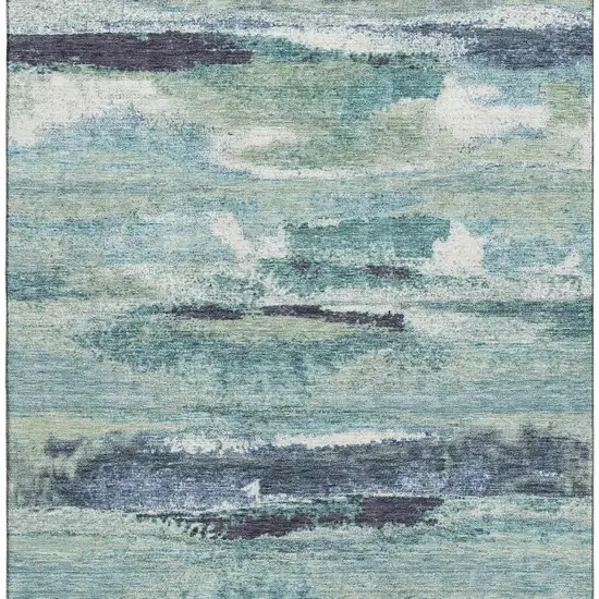 Artichoke Green Teal And Ivory Abstract Washable Area Rug With UV Protection Photo 2
