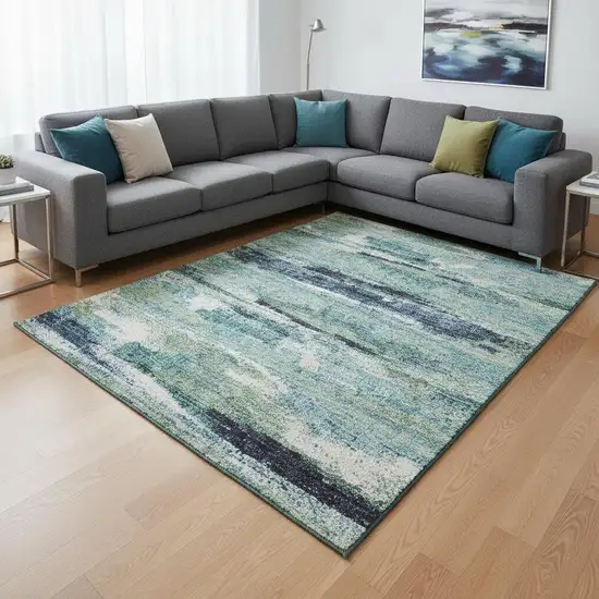 Artichoke Green Teal And Ivory Abstract Washable Area Rug With UV Protection Photo 2