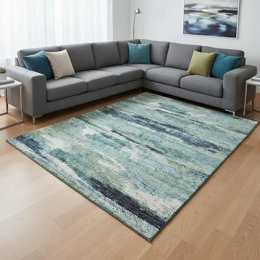 Artichoke Green Teal And Ivory Abstract Washable Area Rug With UV Protection Photo 2