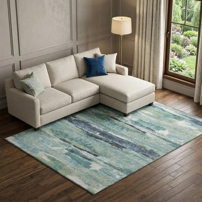 Artichoke Green Teal And Ivory Abstract Washable Area Rug With UV Protection Photo 1