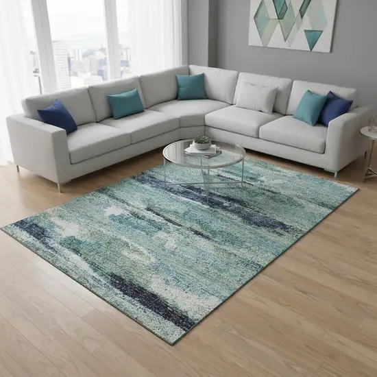 Artichoke Green Teal And Ivory Abstract Washable Area Rug With UV Protection Photo 2