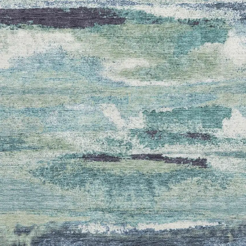 Artichoke Green Teal And Ivory Abstract Washable Area Rug With UV Protection Photo 2