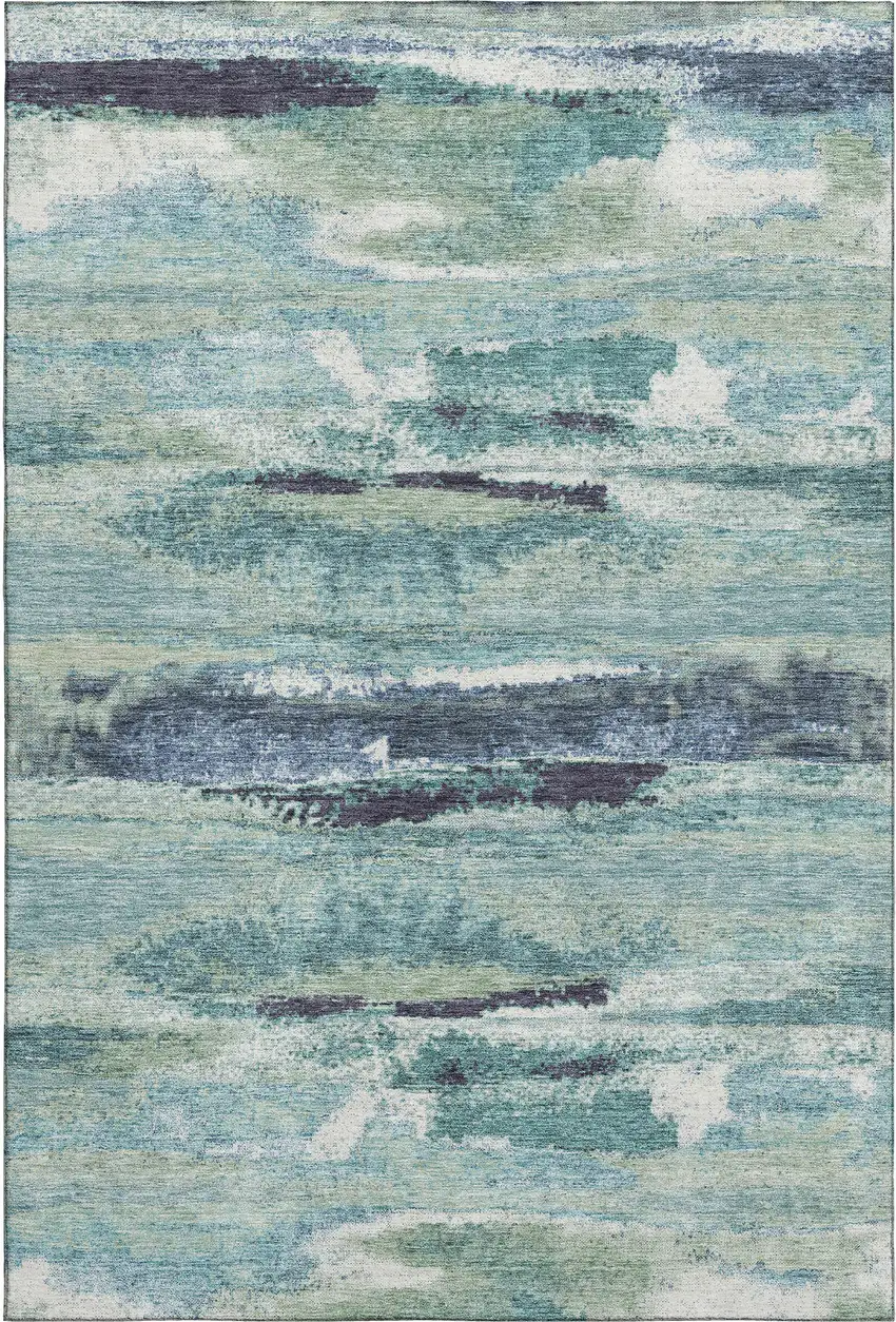 Artichoke Green Teal And Ivory Abstract Washable Area Rug With UV Protection Photo 1