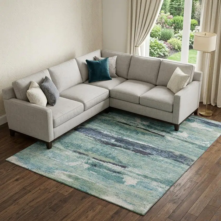 Artichoke Green Teal And Ivory Abstract Washable Area Rug With UV Protection Photo 1