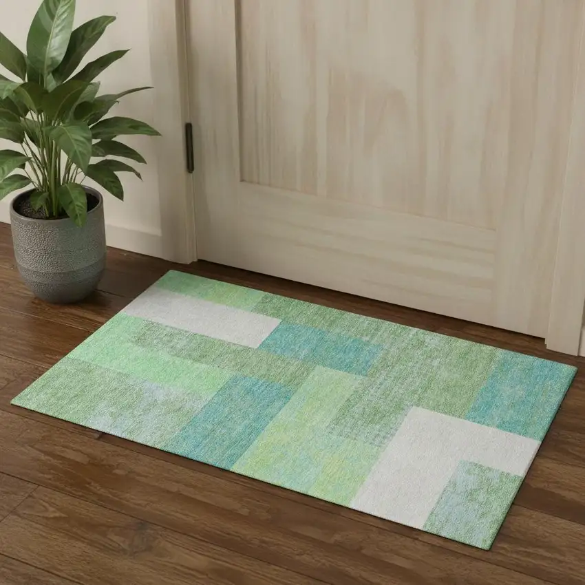Artichoke Green Teal And Ivory Geometric Washable Area Rug With UV Protection Photo 2