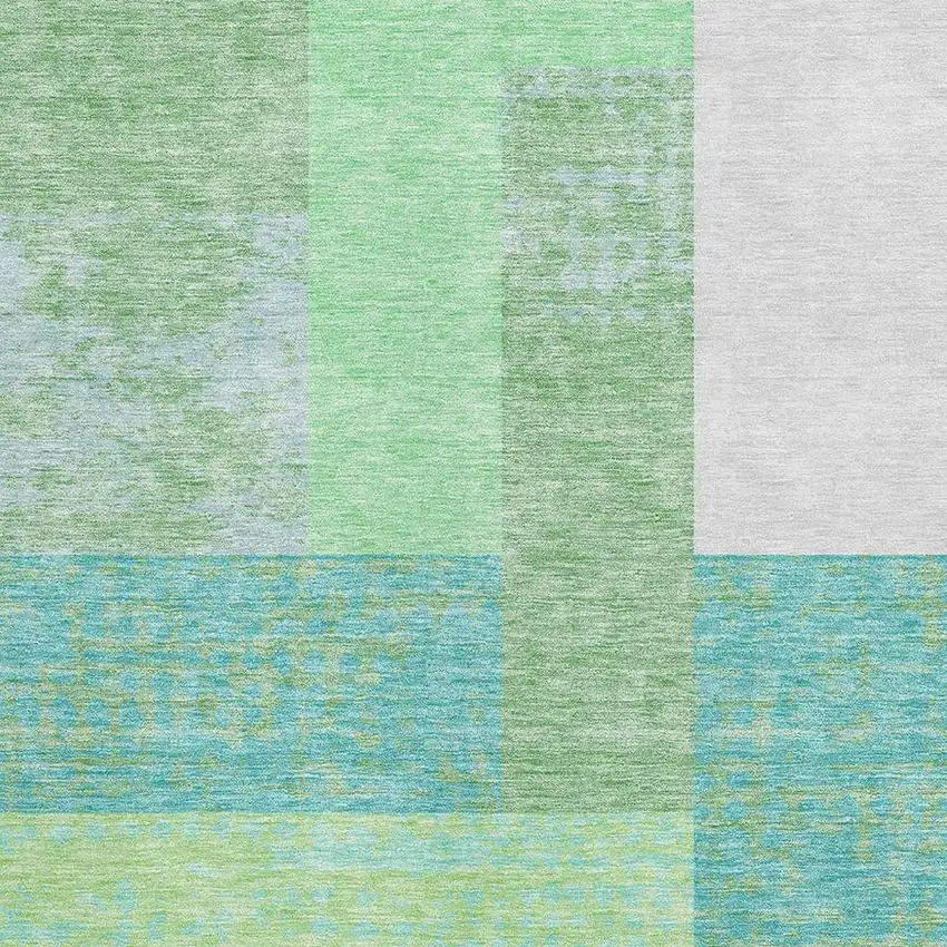 Artichoke Green Teal And Ivory Geometric Washable Area Rug With UV Protection Photo 2